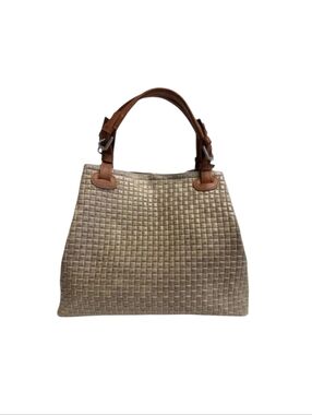 Taupe And Tan Handles Italian Artisanal Tote With Long Strap